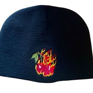 Flaming Cherries Embroidered Black Beanie One Size